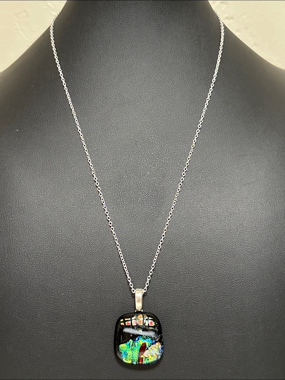Dichroic Glass Pendant 925 Sterling Silver 18” Chain Necklace